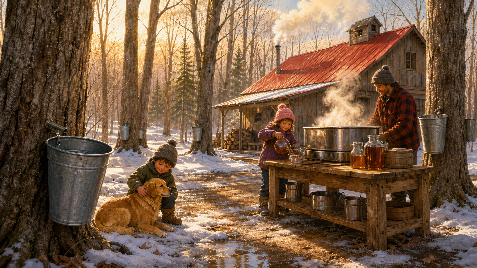 Une cabane a sucre dans une foret d'erables au printemps.