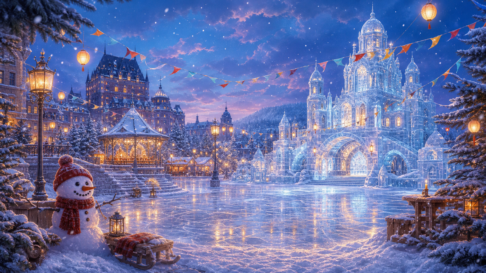 Un palais de glace illumine pendant un carnaval d'hiver.