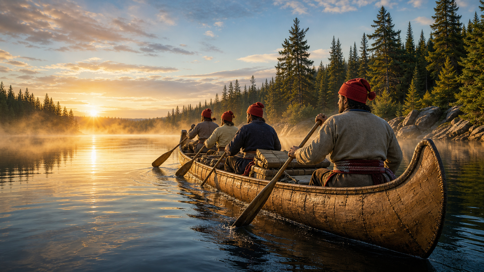 Des voyageurs pagaient un canot sur une riviere boreale au lever du soleil.